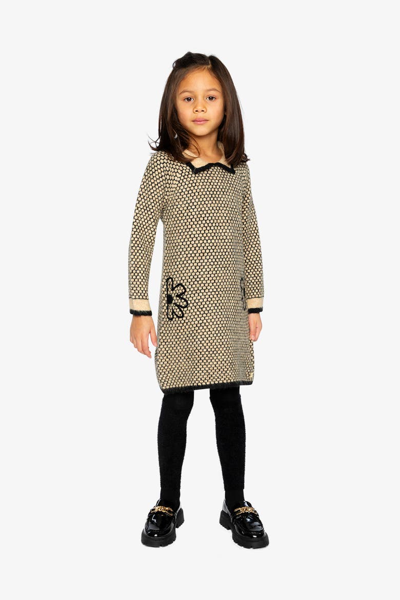 Knit Collar Honeycomb Floral Embroidery Dress, Alternate, color, Beige and Black