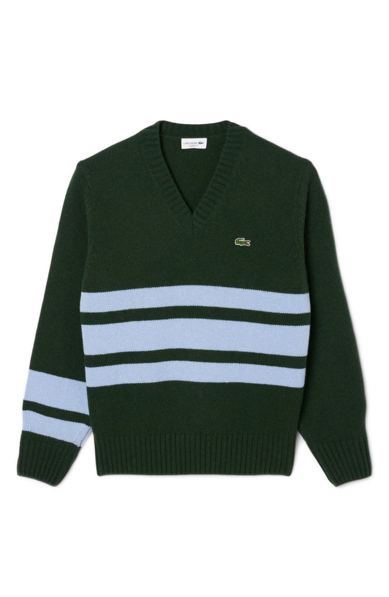 Lacoste Classic Stripe Wool V-Neck Sweater, Alternate, color, Sinople/ Overview