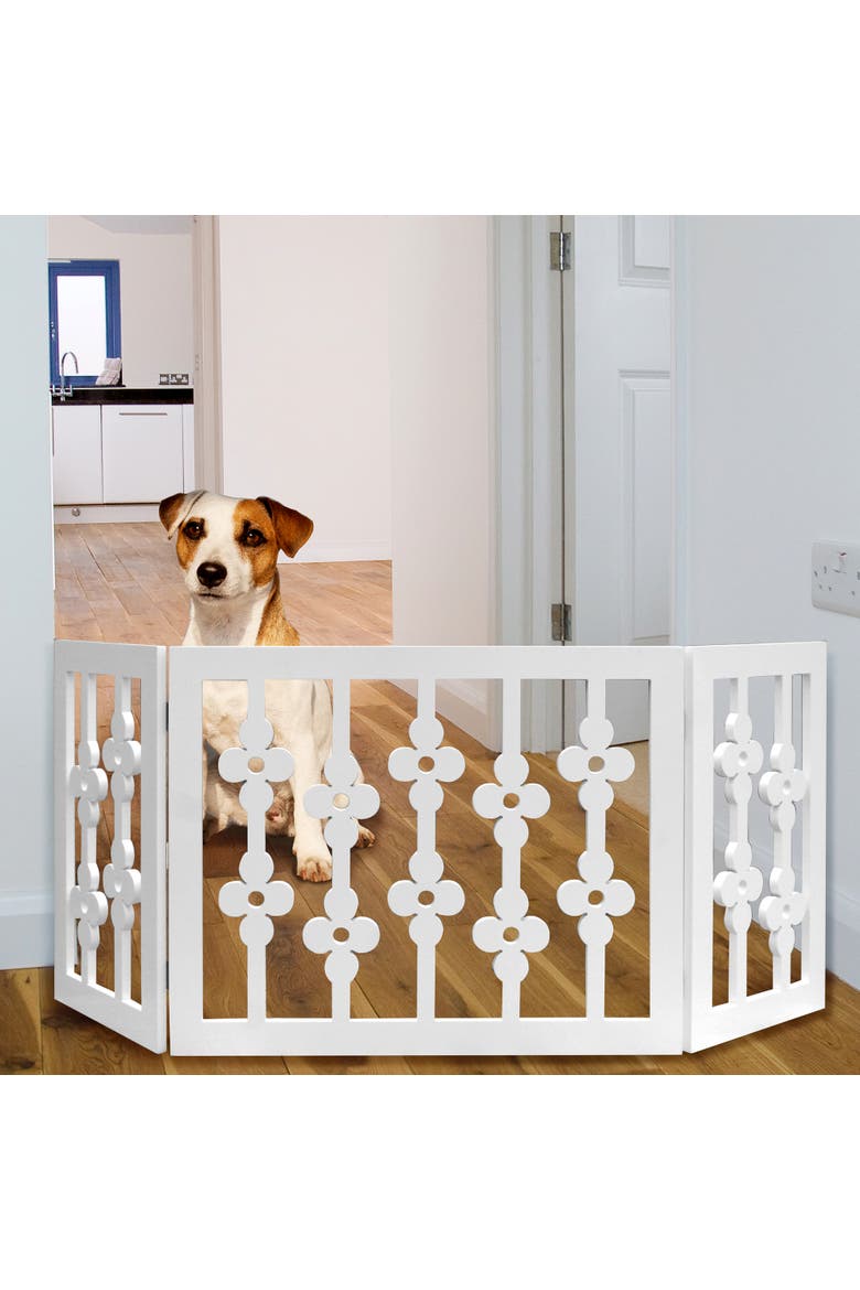 Wooden Pet Gate White Floral, 3Section Dog Gate, Assembled, Alternate, color, Multicolored