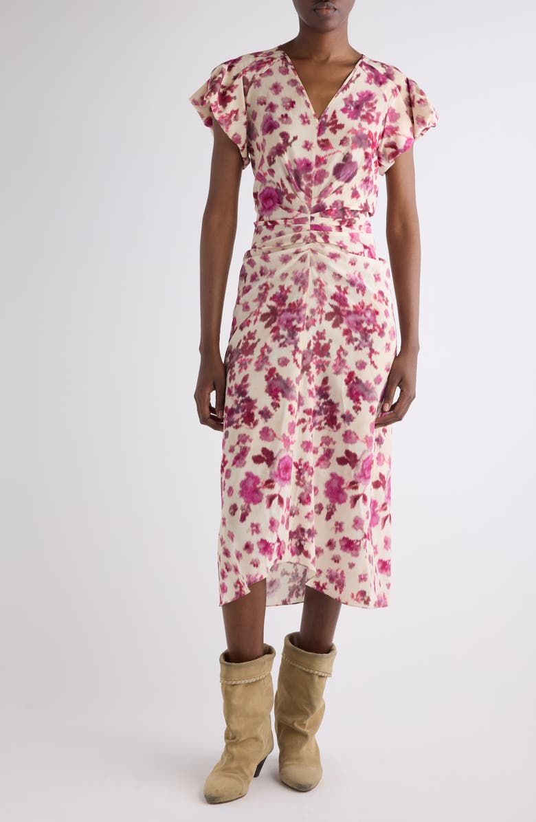 Isabel Marant Terenae Ikat Print Bubble Sleeve Stretch Silk Midi Dress, Main, color, Pink