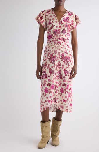 Terenae Ikat Print Bubble Sleeve Stretch Silk Midi Dress