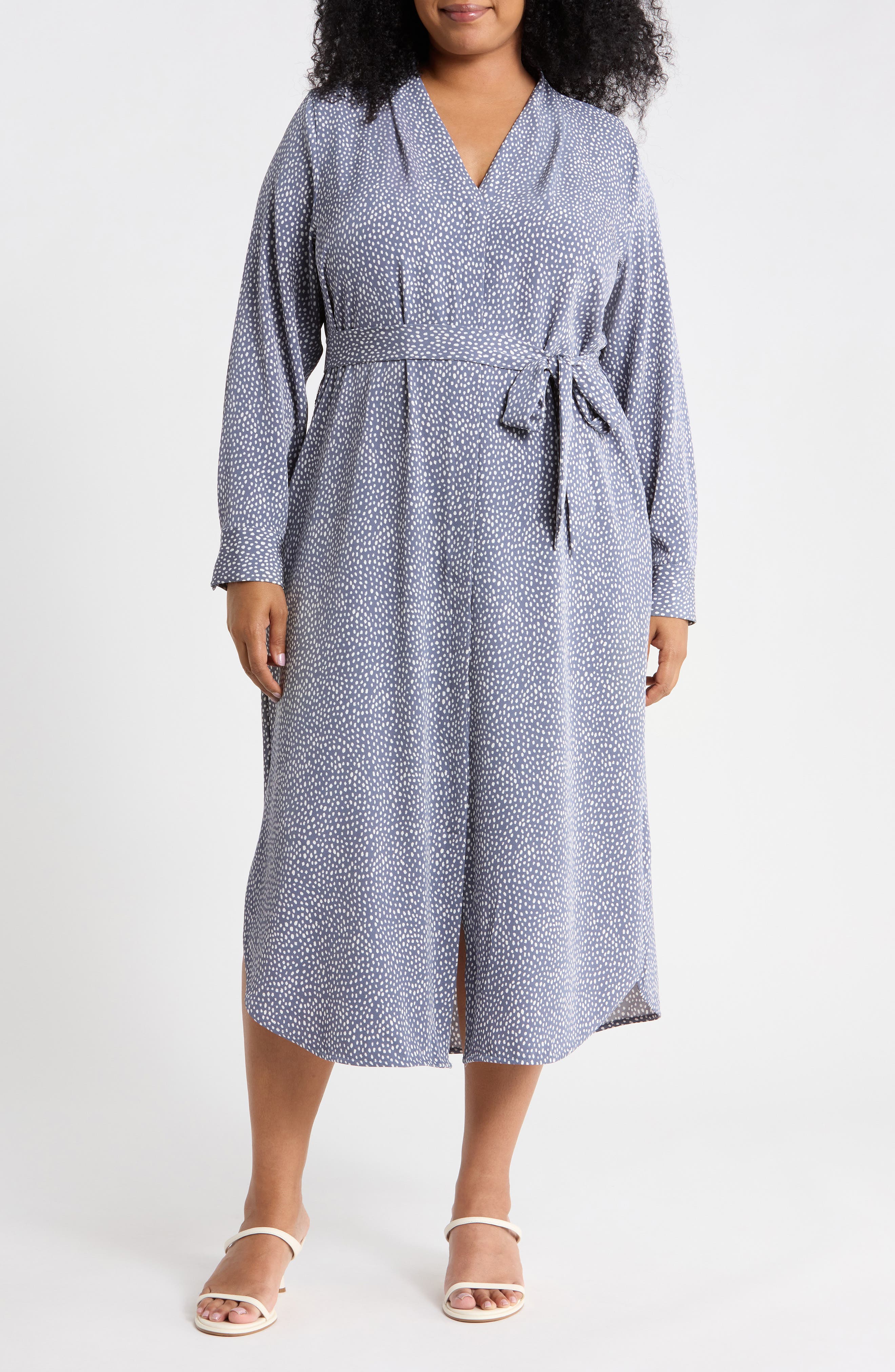Pleated Tie Waist Long Sleeve Dress