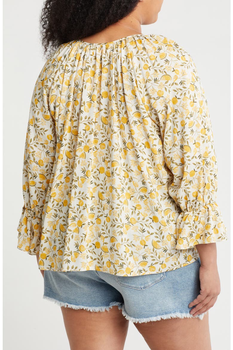 Lemon Print Tie Keyhole Long Sleeve Top, Alternate, color, TAUPE