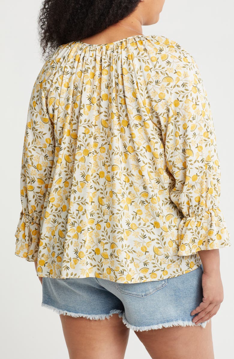 Renee C Lemon Print Tie Keyhole Long Sleeve Top, Alternate, color, Taupe