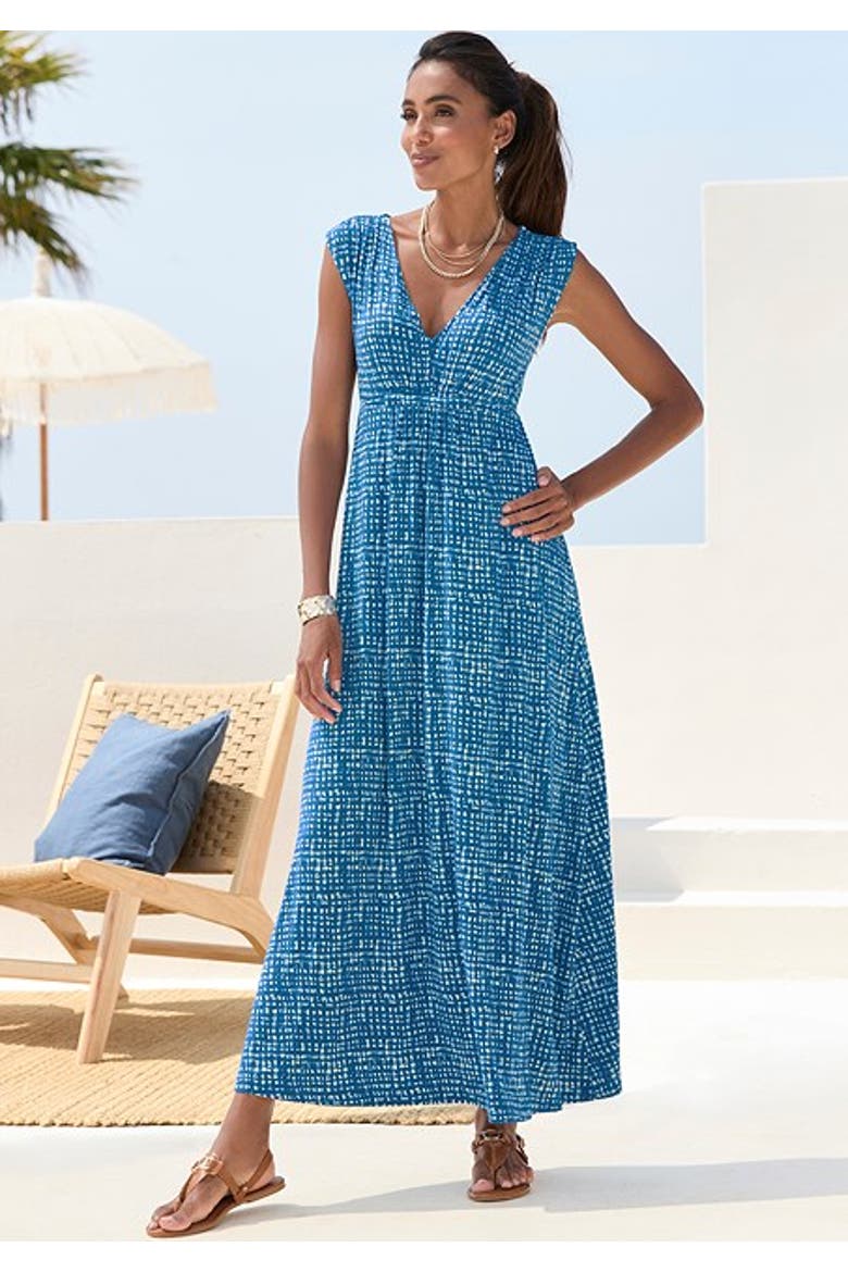 Women's Print V-Neck Maxi Dress, Alternate, color, Blue-Printed