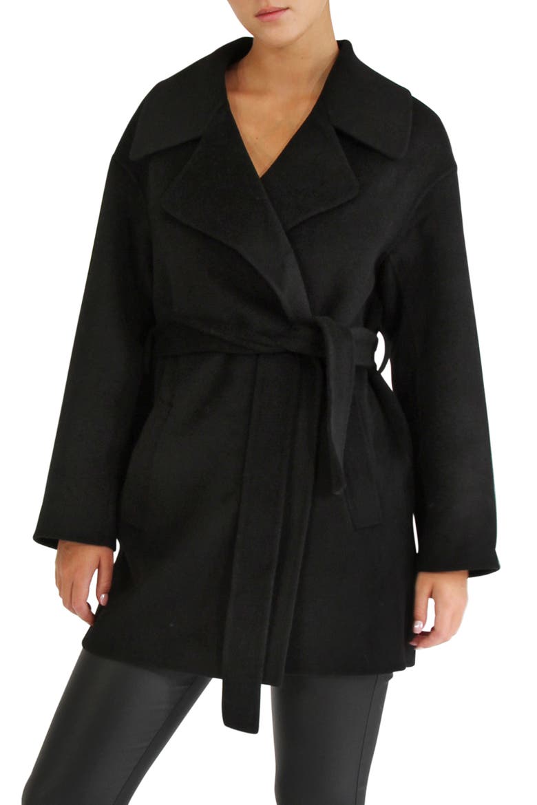 Eternal Flame Tie Waist Wool Blend Coat, Main, color, BLACK
