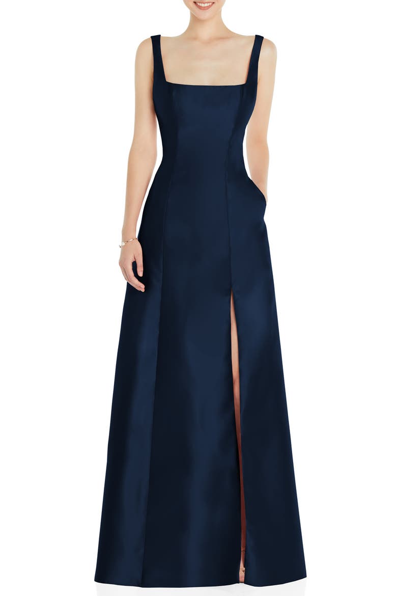 Square Neck Satin A-Line Gown, Main, color, MIDNIGHT NAVY