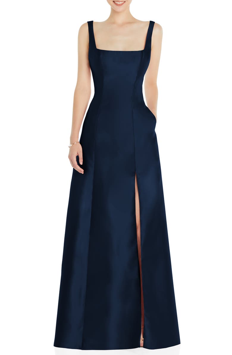 Alfred Sung Square Neck Satin A-Line Gown, Main, color, Midnight Navy