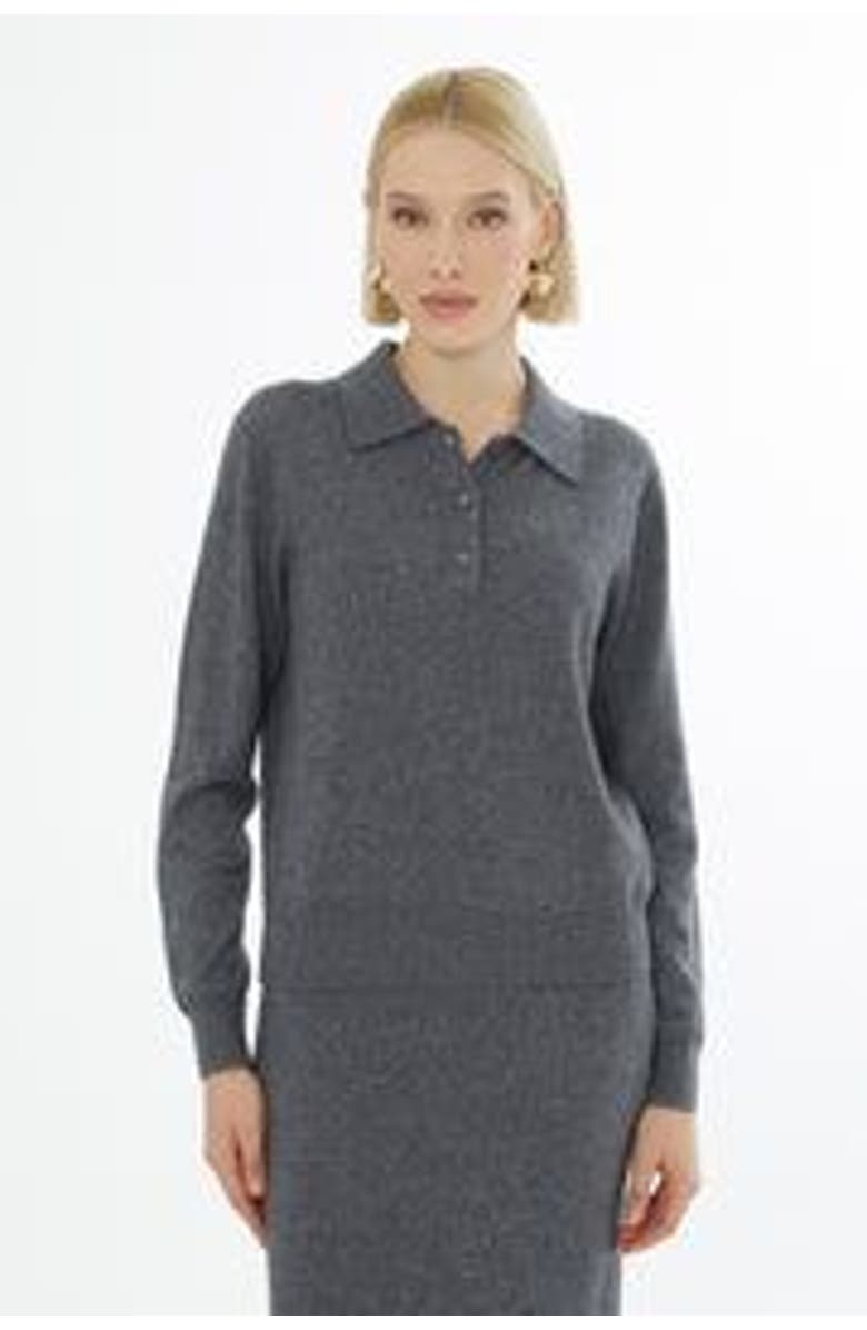 Gizia Shirt Collar Sweater with Button Closure Grey, Alternate, color, Grey