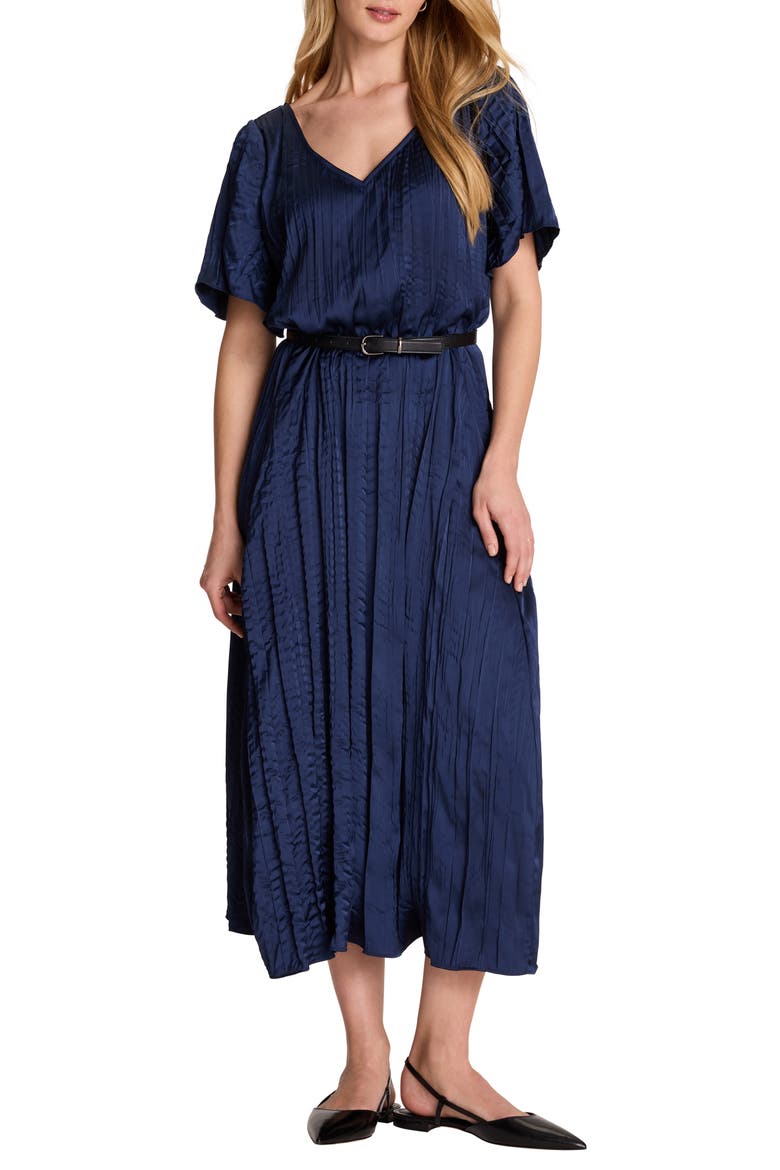 Bella Belted Crushed Satin Midi Dress, Main, color, DARK INDIGO