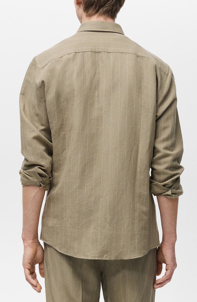 MANGO Regular Fit Stripe Linen & Cotton Button-Up Shirt, Alternate, color, Khaki