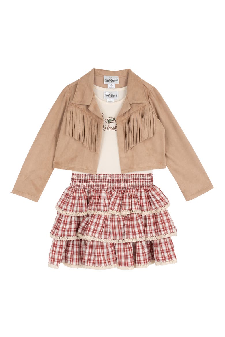 Kids' 3-Piece Faux Suede Fringe Jacket, Top & Plaid Skirt Set, Alternate, color, BEIGE