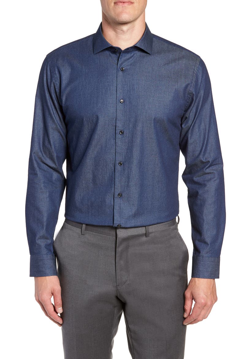 Trim Fit Solid Denim Dress Shirt, Main, color, NAVY INDIGO