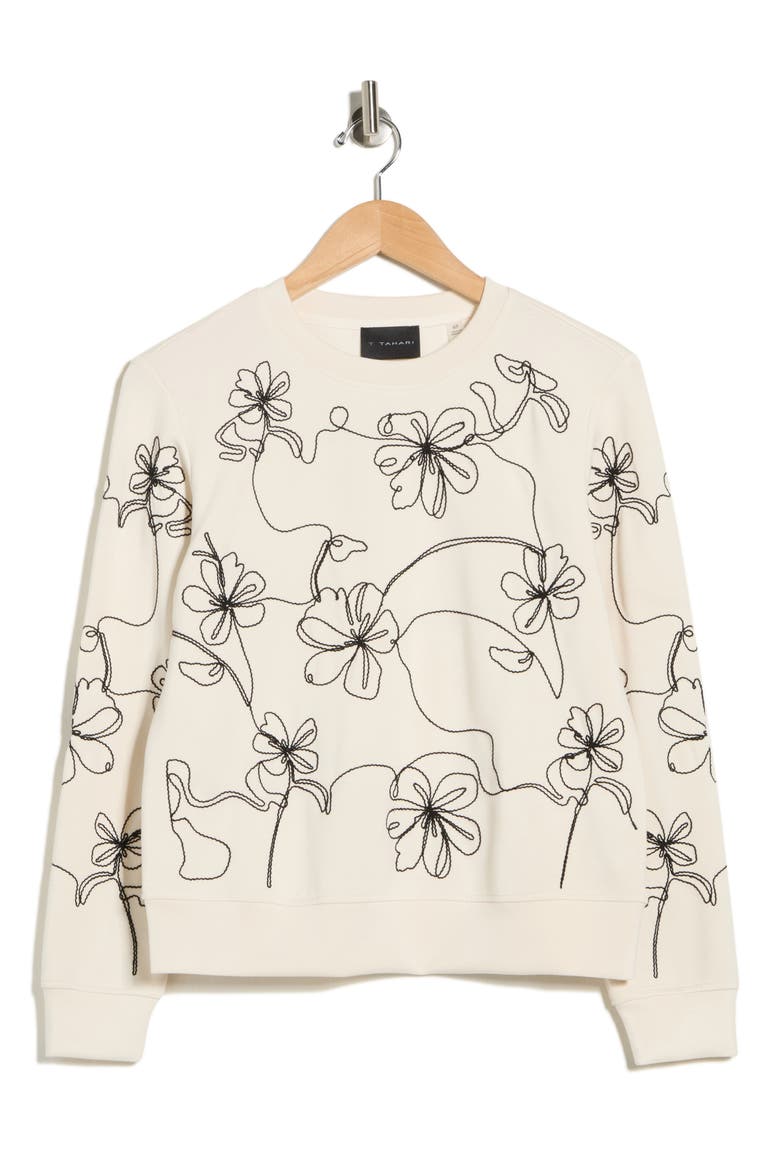 Embroidered Scuba Sweatshirt, Alternate, color, ECRU/ BLACK