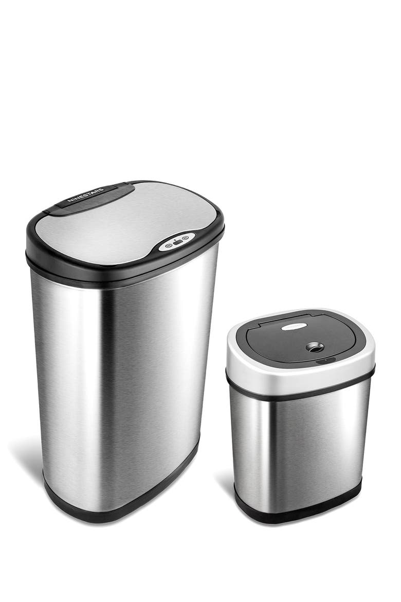 Oval Automatic Touchless Infrared Motion Sensor Trash Can Combo 2-Piece Set - 13.2 Gallons/2.1 Gallons, Main, color, SILVER BLACK