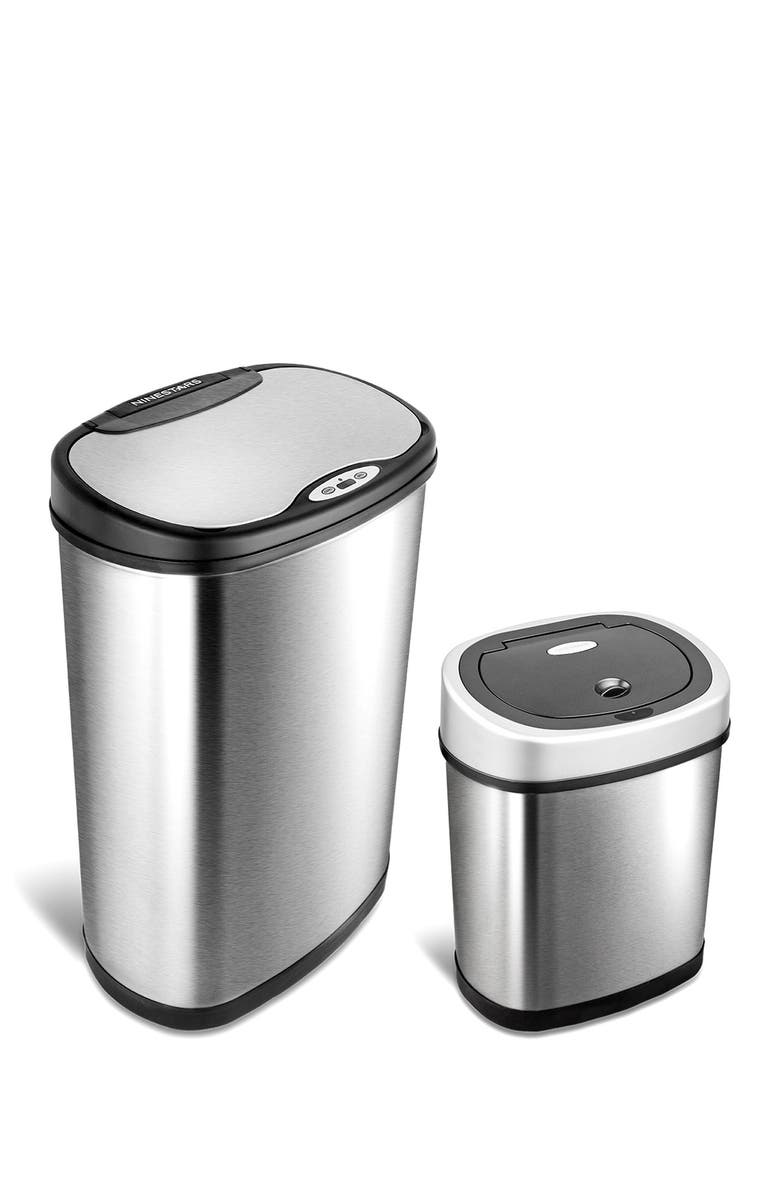 NINESTARS Oval Automatic Touchless Infrared Motion Sensor Trash Can Combo 2-Piece Set - 13.2 Gallons/2.1 Gallons, Main, color, Silver Black