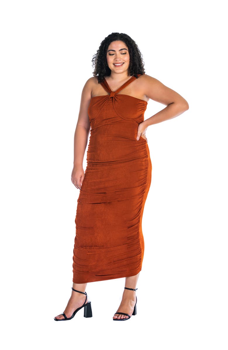 24seven Comfort Apparel Halter Cross Neck Ruched Bodycon Mid Dress, Alternate, color, Rust