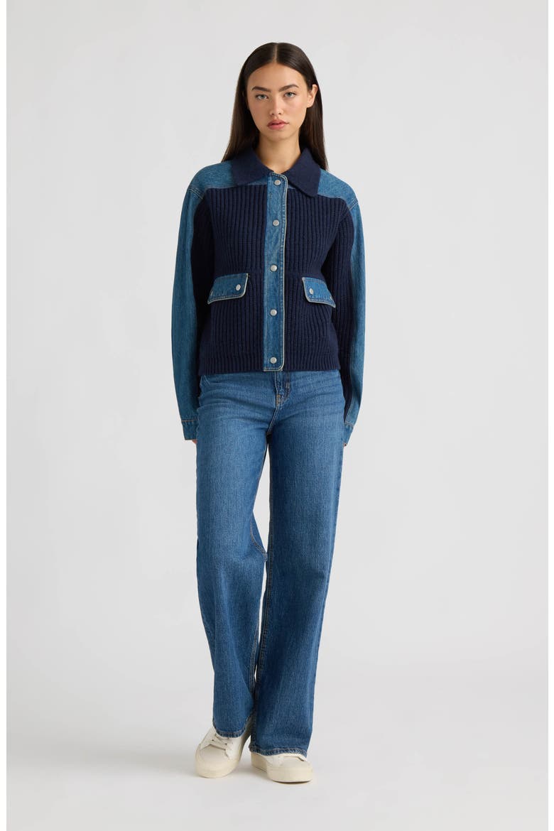 Denim Trim Sweater Jacket, Alternate, color, NAVY