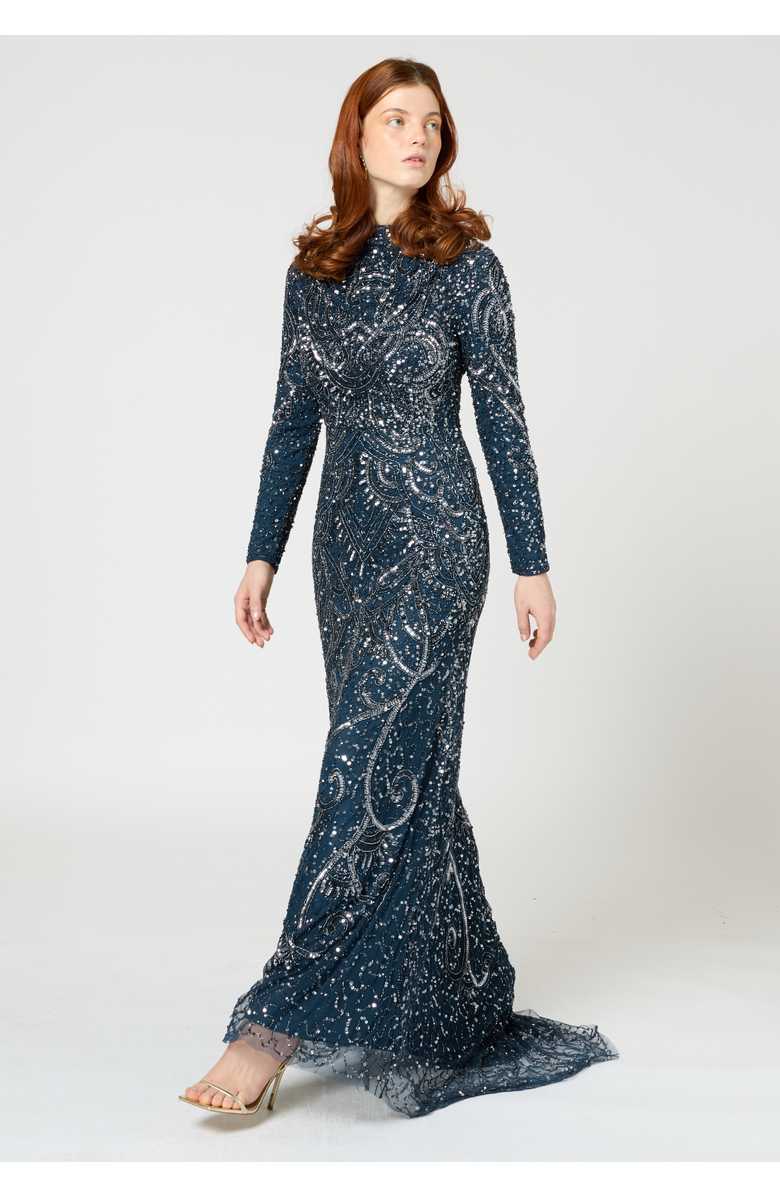 MARYISA Occasion Modest Embellished Sequin Beaded High Neck Evening Maxi Dress, Alternate, color,