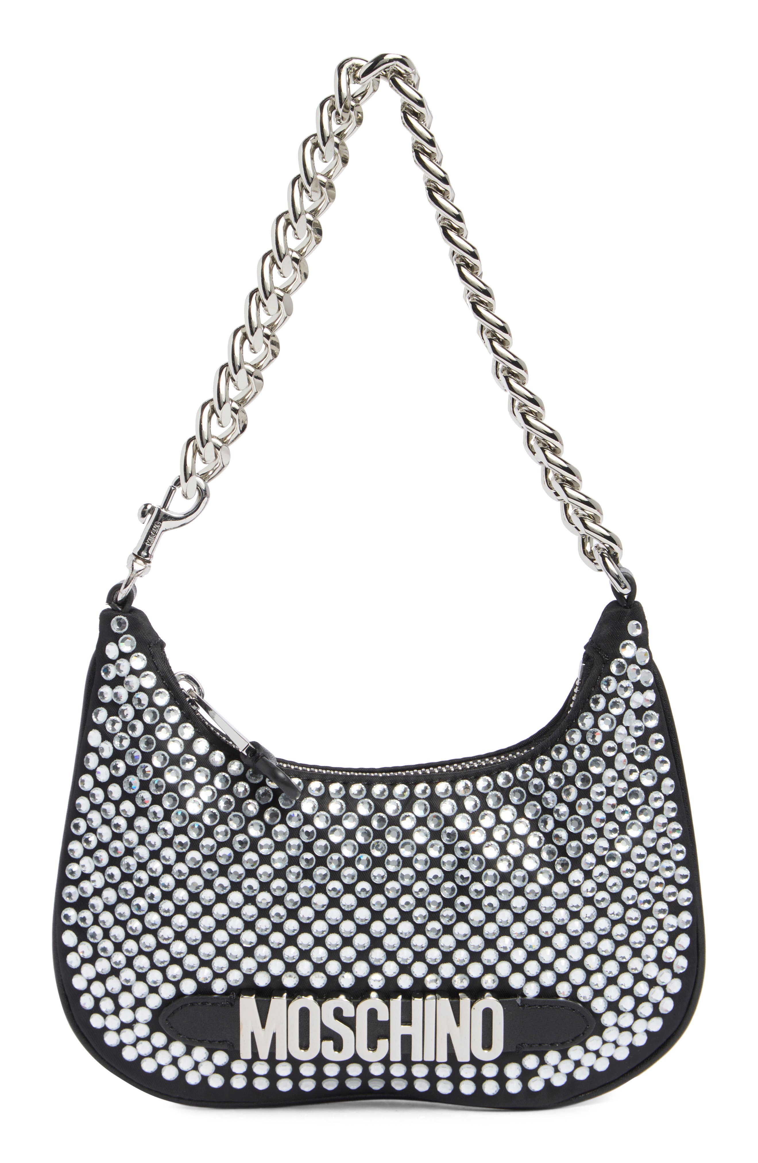 Moschino Rhinestone Covered Shoulder Bag, Main, color, 