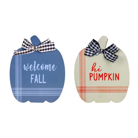 Fall Harvest Wooden "Hi Pumpkin" and "Welcome Fall" Plaques with Bow - 8" - Set of 2