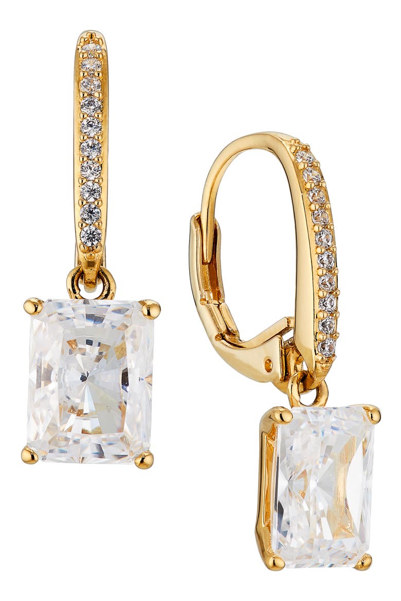 Modern Luv Emerald Cut Cubic Zirconia Drop Earrings, Main, color, GOLD