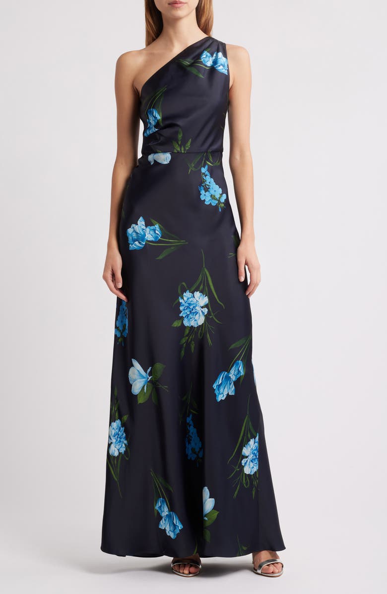Sachin & Babi Delphine Floral One-Shoulder Satin Crepe Gown, Main, color, Night Sky Blue Oculata