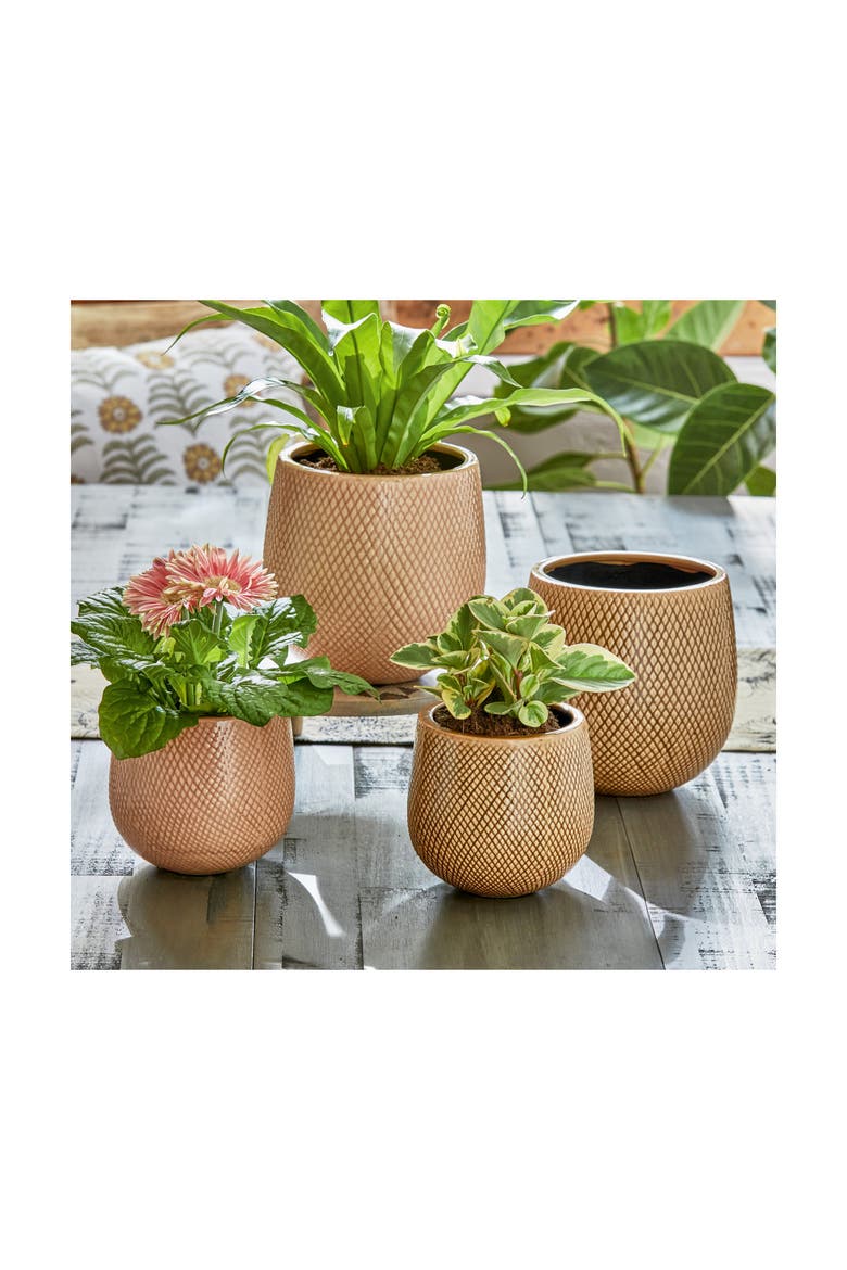 Cross Hatch Small Planter Taupe Glazed Stoneware, Alternate, color, Brown