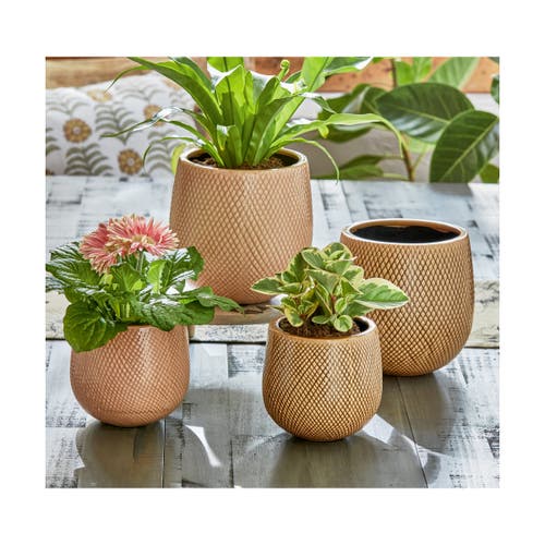Tag Cross Hatch Small Blush Glazed Stoneware Planter In Brown