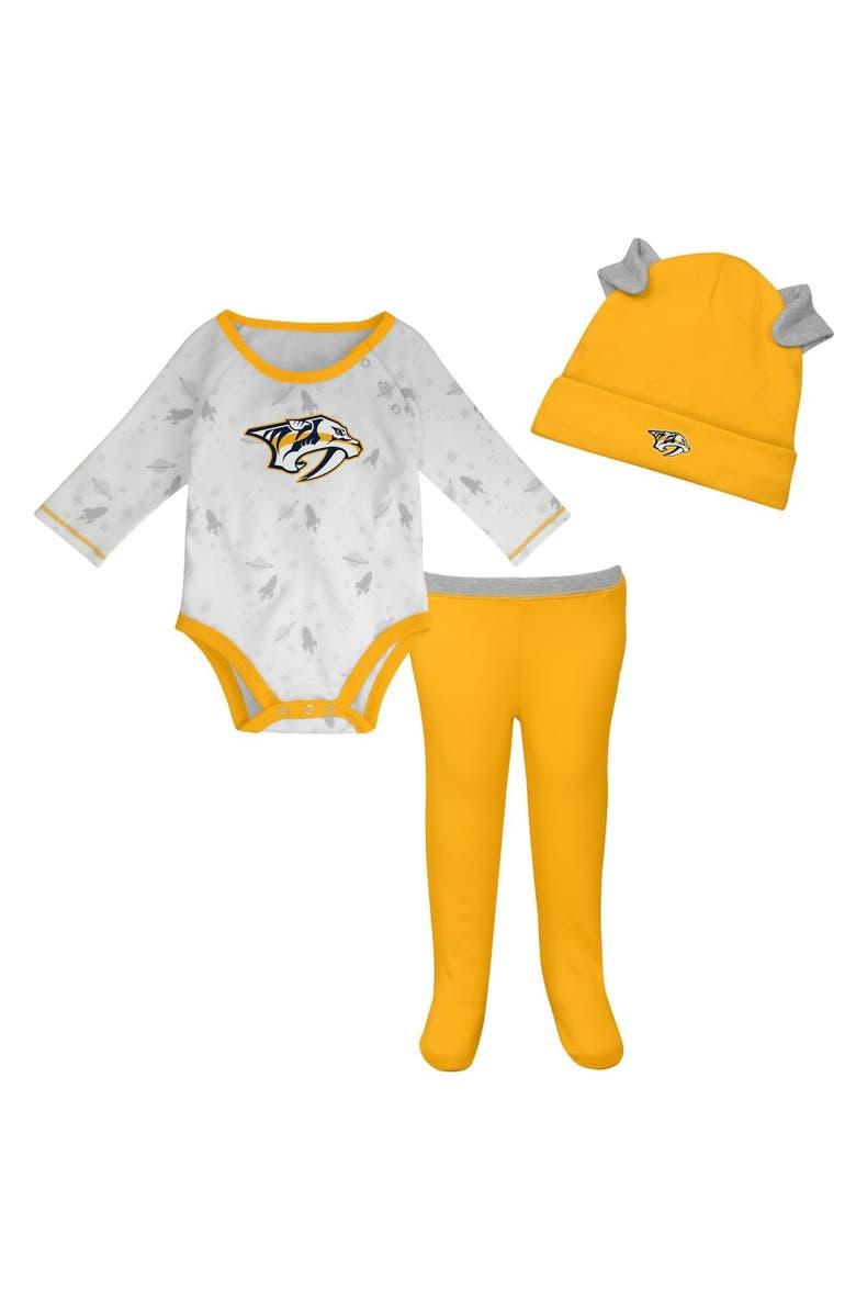 Outerstuff Newborn & Infant White/Gold Nashville Predators Dream Team Hat Pants & Bodysuit Set, Main, color, 
