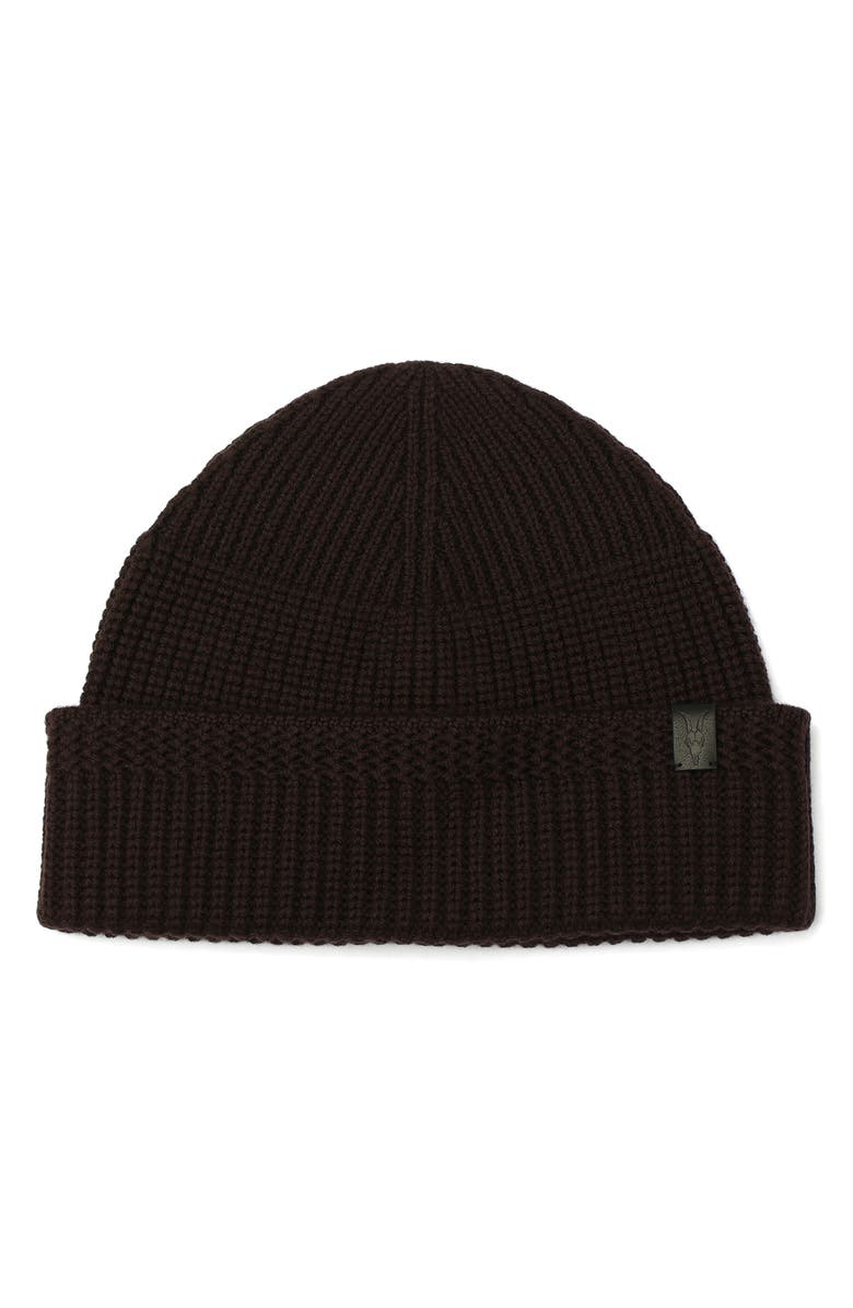 AllSaints Merino Wool Rib Beanie, Main, color, Wine Brown