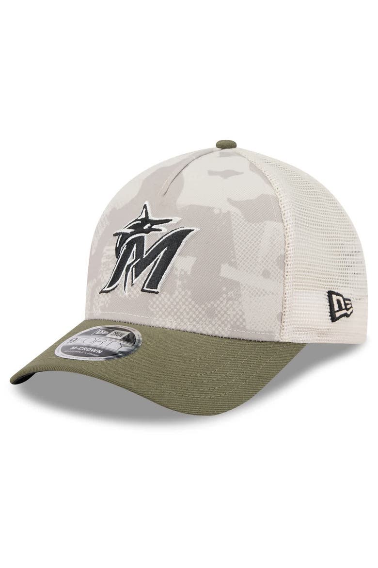 Men's New Era Light Beige/Olive Miami Marlins 2025 Armed Forces Day 9FORTY M-Crown A-Frame Adjustable Hat, Alternate, color, Light Beige