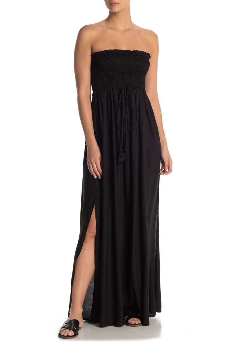 Strapless Smocked Maxi Dress Cover Up, Main, color, BLACK