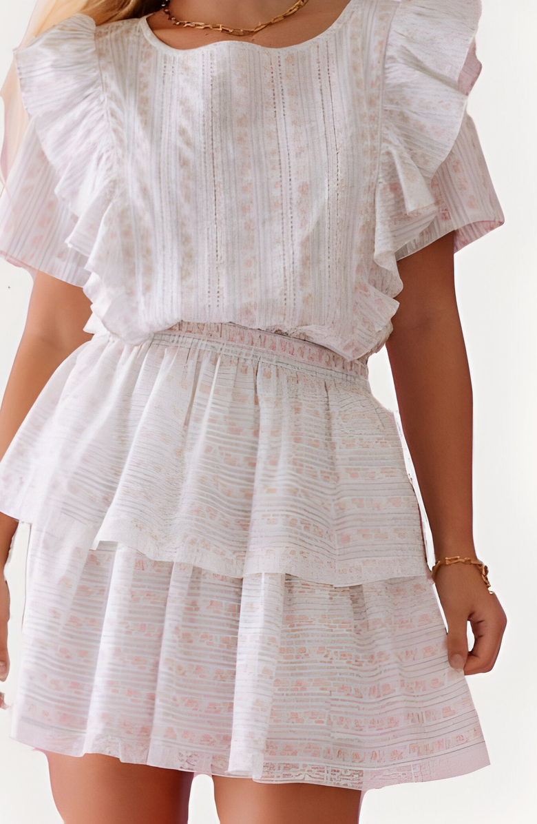 Modenaire Textured Ruffle Sleeve Mini Dress with Tiered Hem and Subtle Stripe Pattern, Alternate, color, 