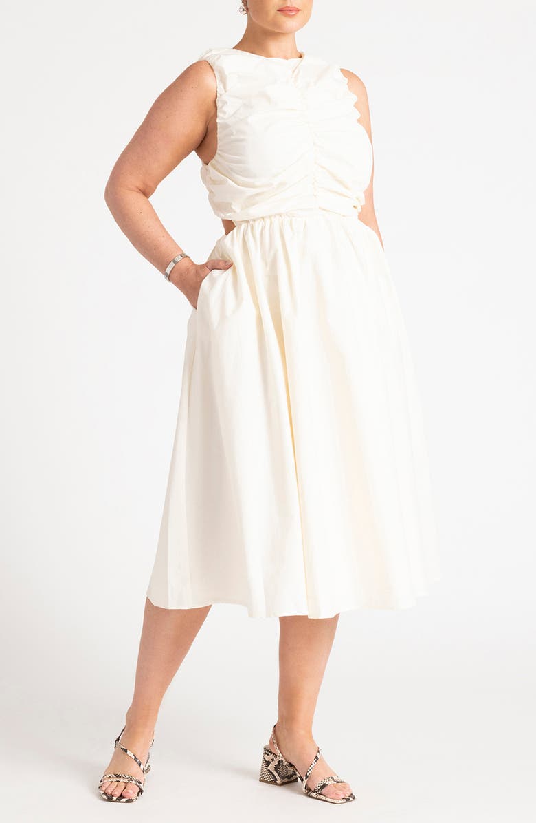 ELOQUII Shirred Bodice Cutout Sleeveless Midi Dress, Main, color,