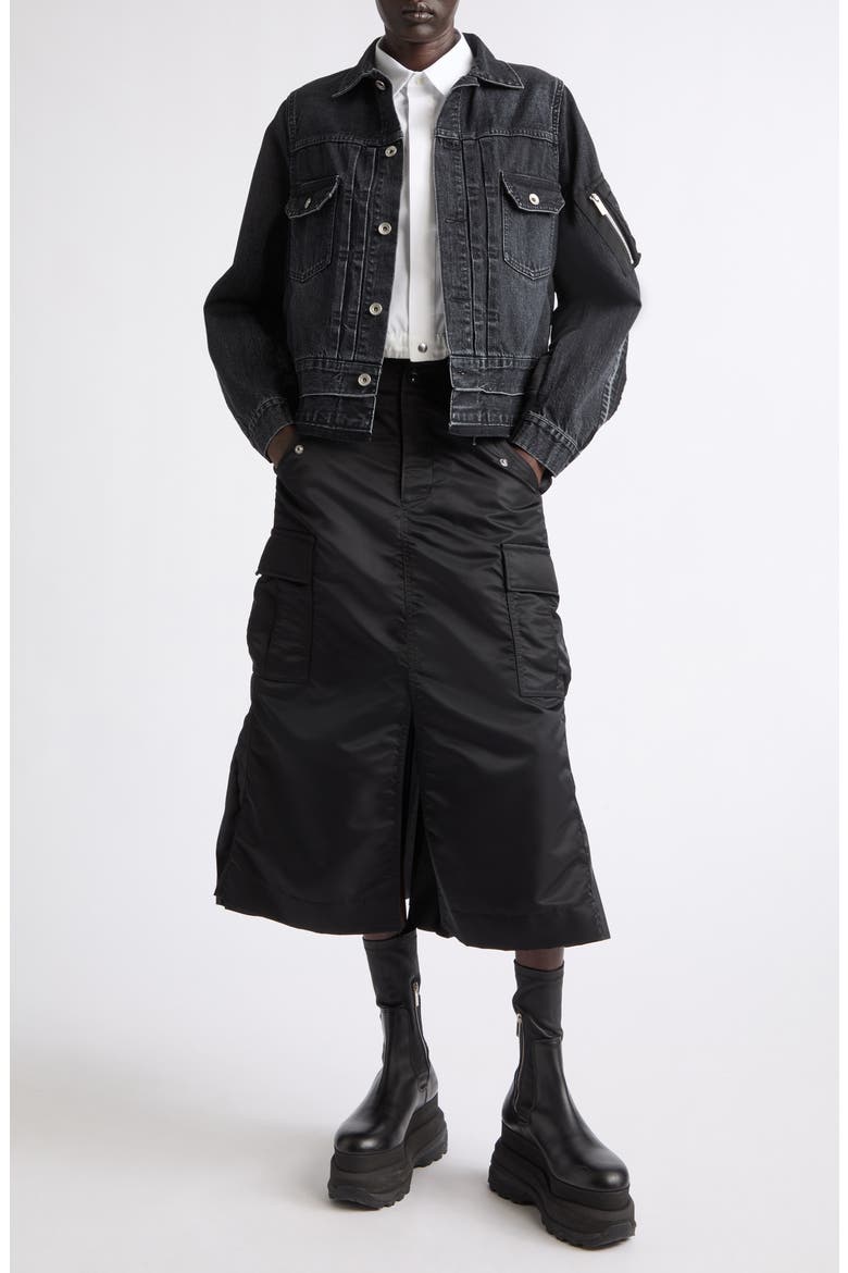 Nylon Twill Midi Skirt, Alternate, color, BLACK