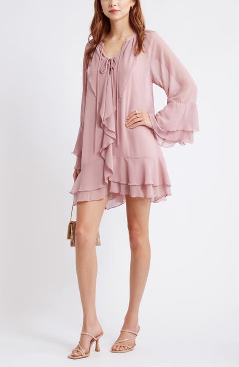 Ruffle Long Sleeve Chiffon Dress