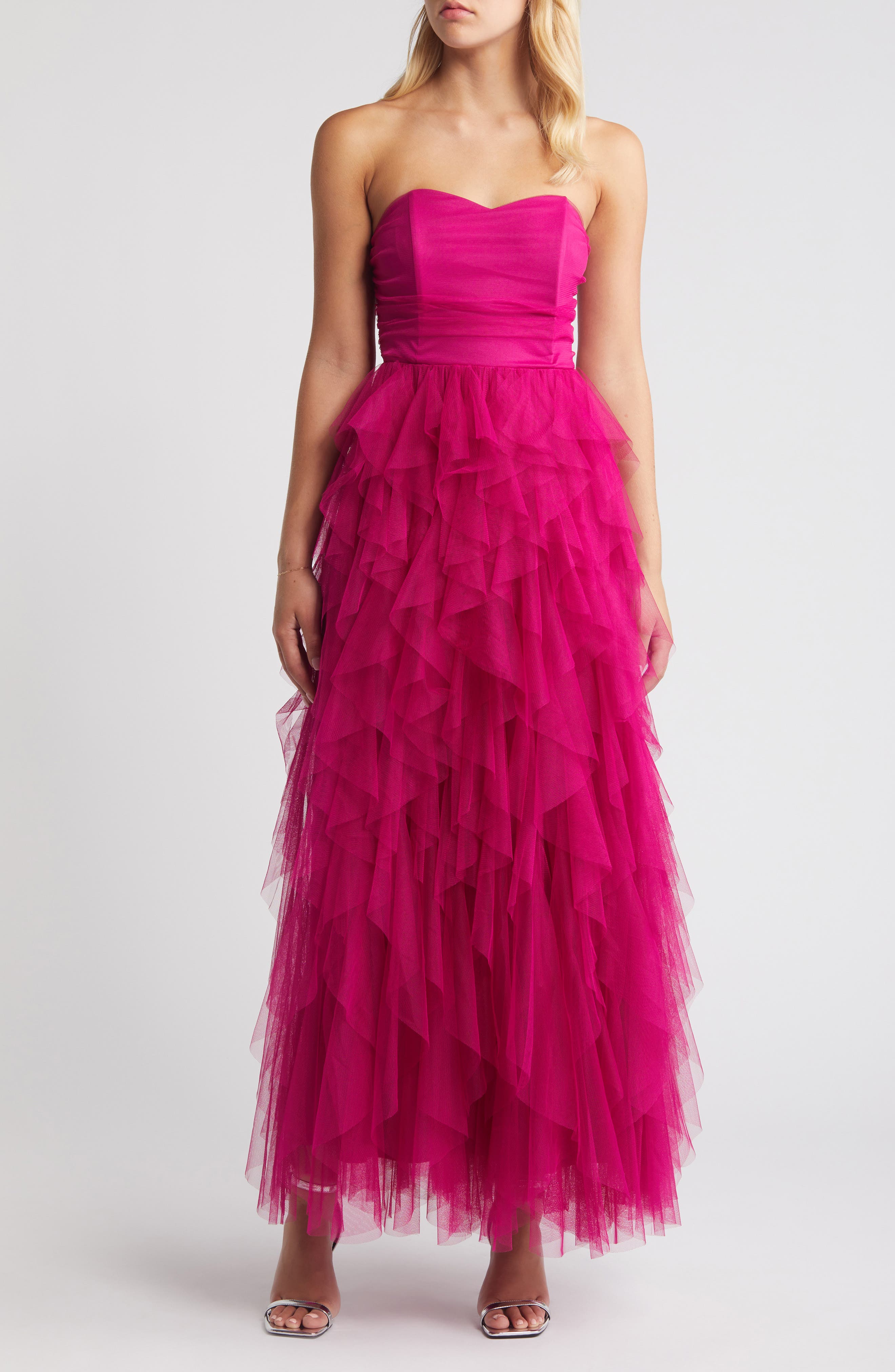 Chelsea28 Strapless Tulle Dress in Pink Plumier 