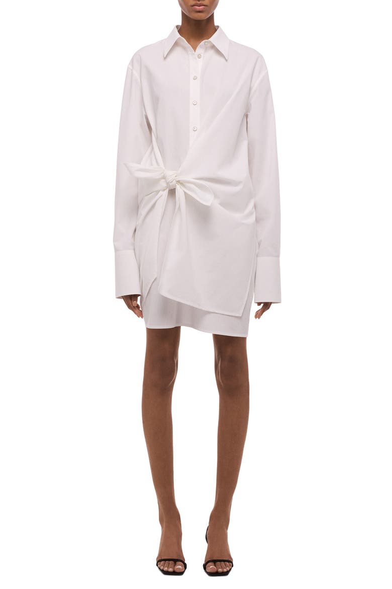 Knot Detail Long Sleeve Cotton Shirtdress, Main, color, WHITE