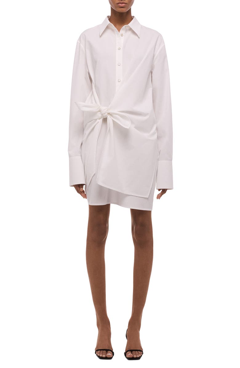 Helmut Lang Knot Detail Long Sleeve Cotton Shirtdress, Main, color, White