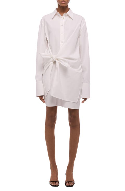 Knot Detail Long Sleeve Cotton Shirtdress