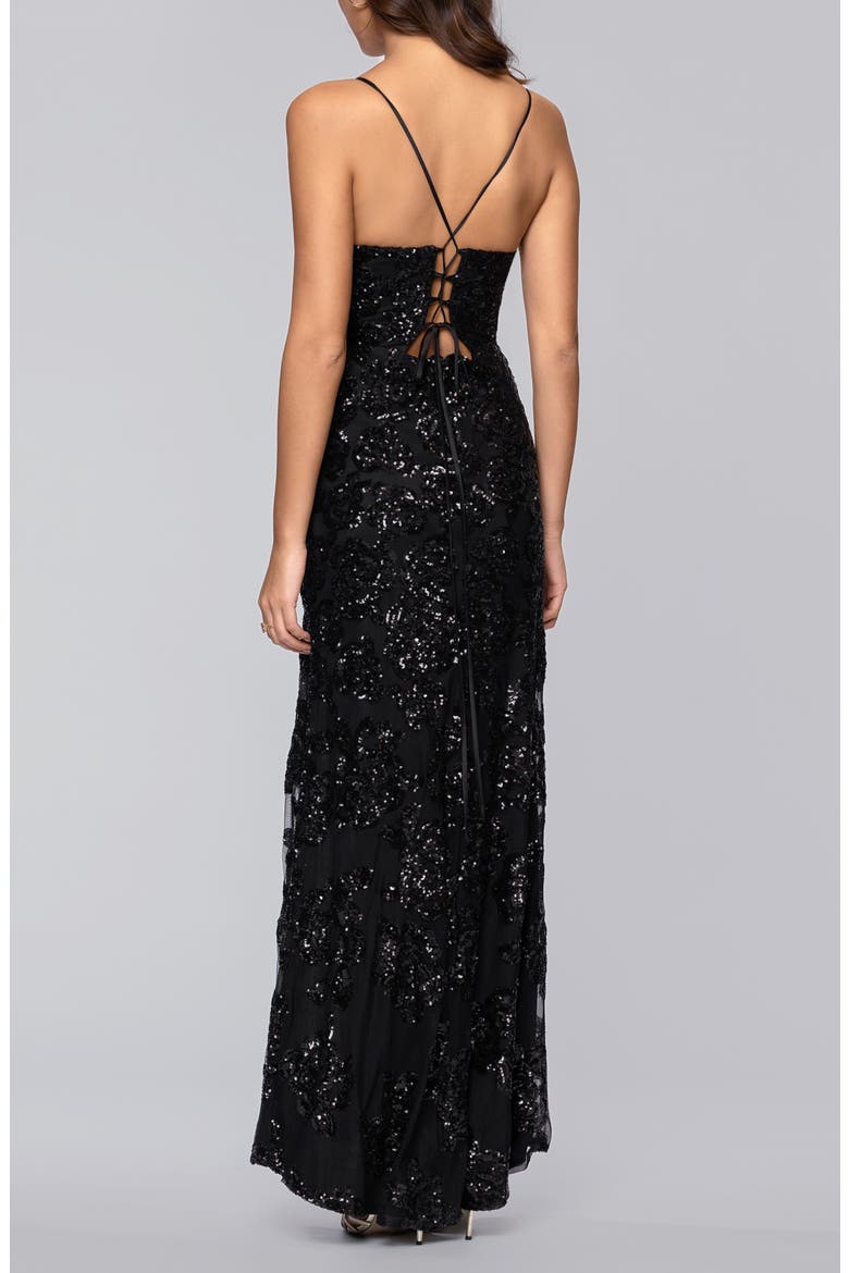 Rose Sequin Lace-Up Mermaid Gown, Alternate, color, BLACK