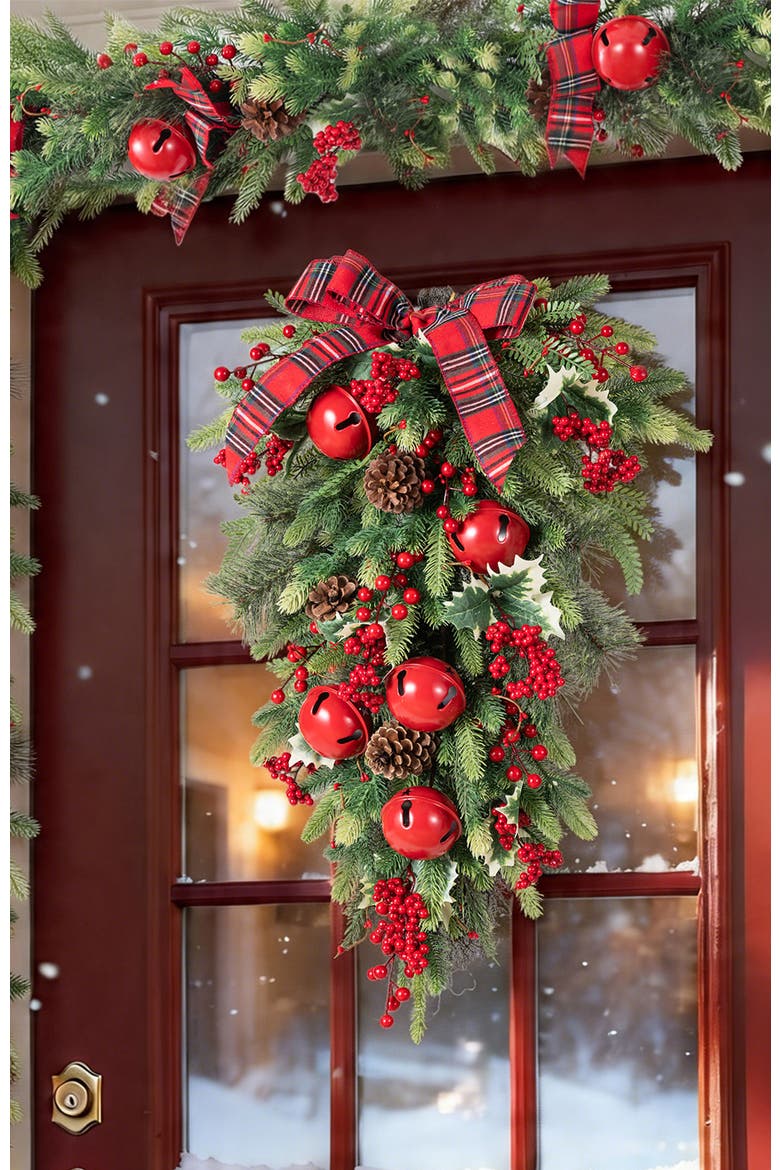 Berry Pinecone and Bell Christmas Teardrop Wreath, Alternate, color, Red