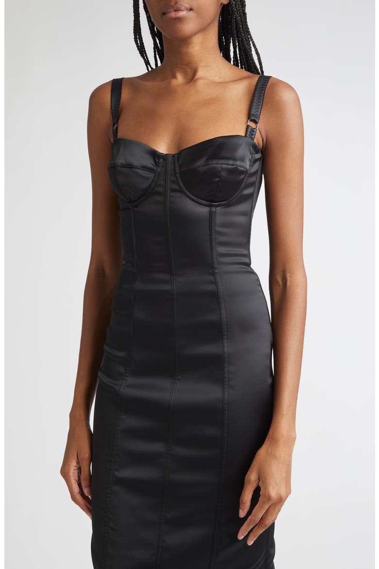 Bustier Detail Satin Midi Dress, Alternate, color, N0000 NERO