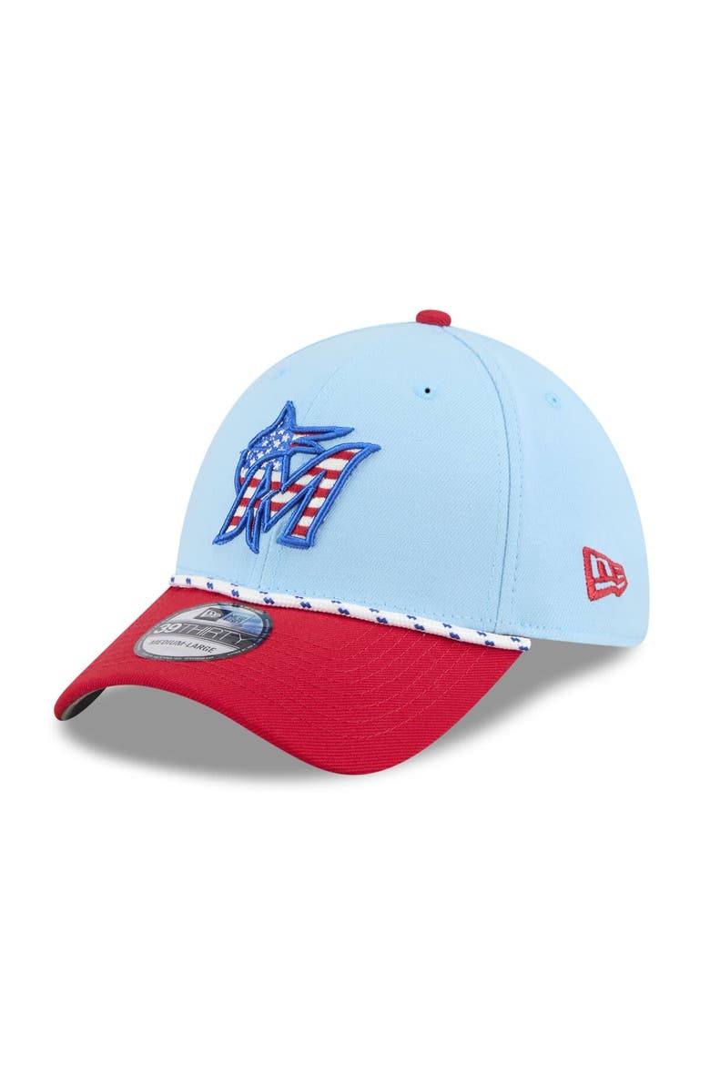 Men's New Era Light Blue/Red Miami Marlins 2025 Fourth of July 39THIRTY Flex Hat, Alternate, color, Light Blue