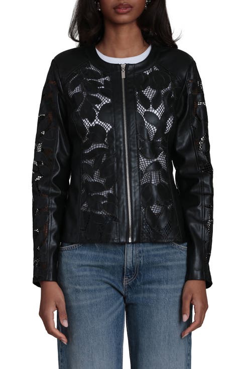 Embroidered Lace Faux Leather Moto Jacket
