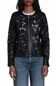 Bagatelle Embroidered Lace Faux Leather Moto Jacket