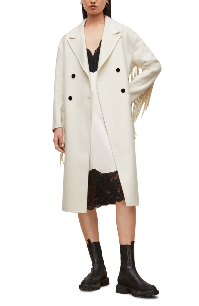 AllSaints Freya Fringed Double Breasted Wool Blend Coat, Alternate, color,