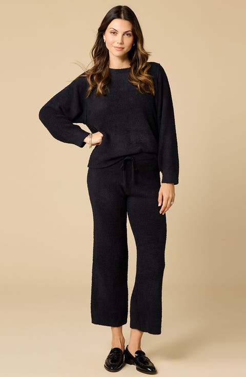 Solid Marshmallow Reverse Seam Crew Neck Lounge Set with Bracelet Sleeve