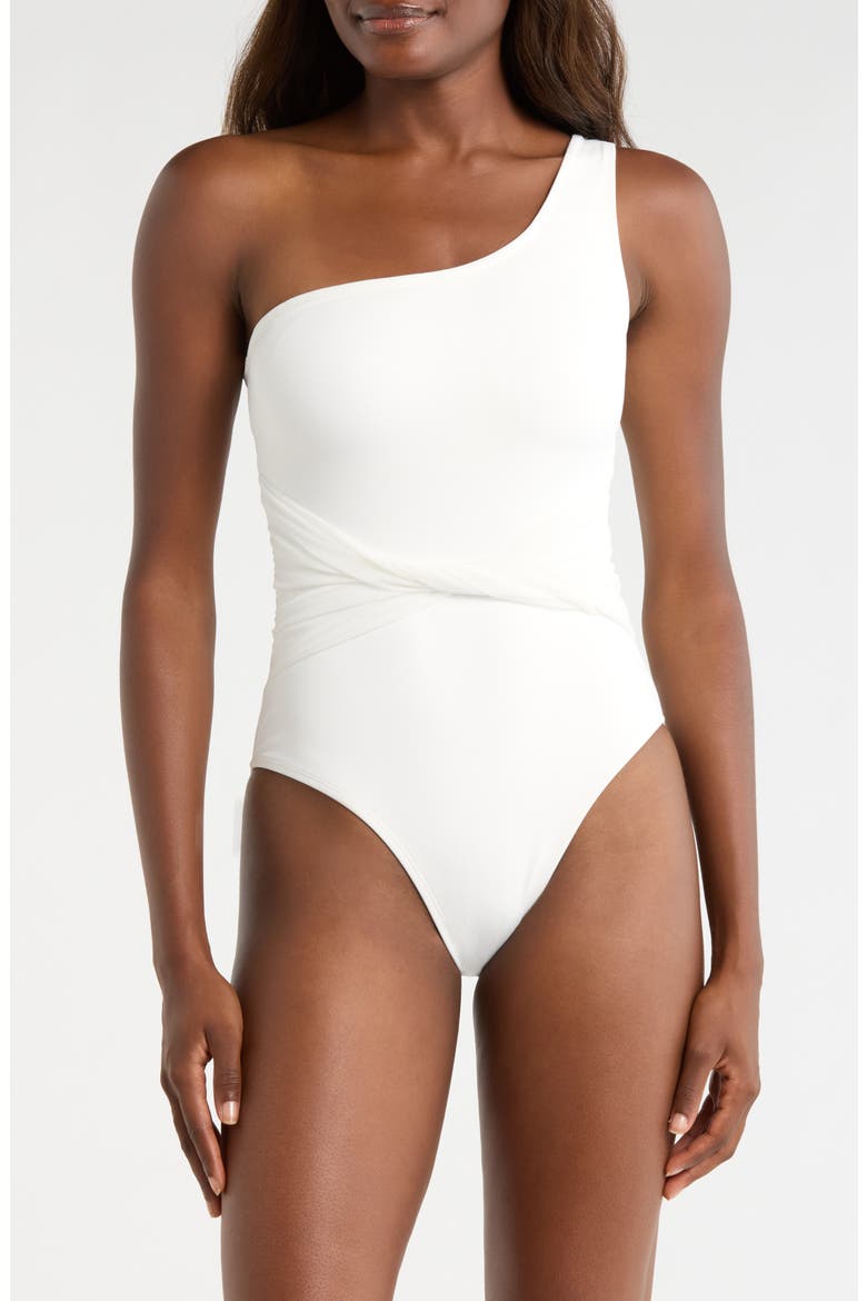 Floral Twist Front One-Shoulder One-Piece Swimsuit, Main, color, SOLID WHITE